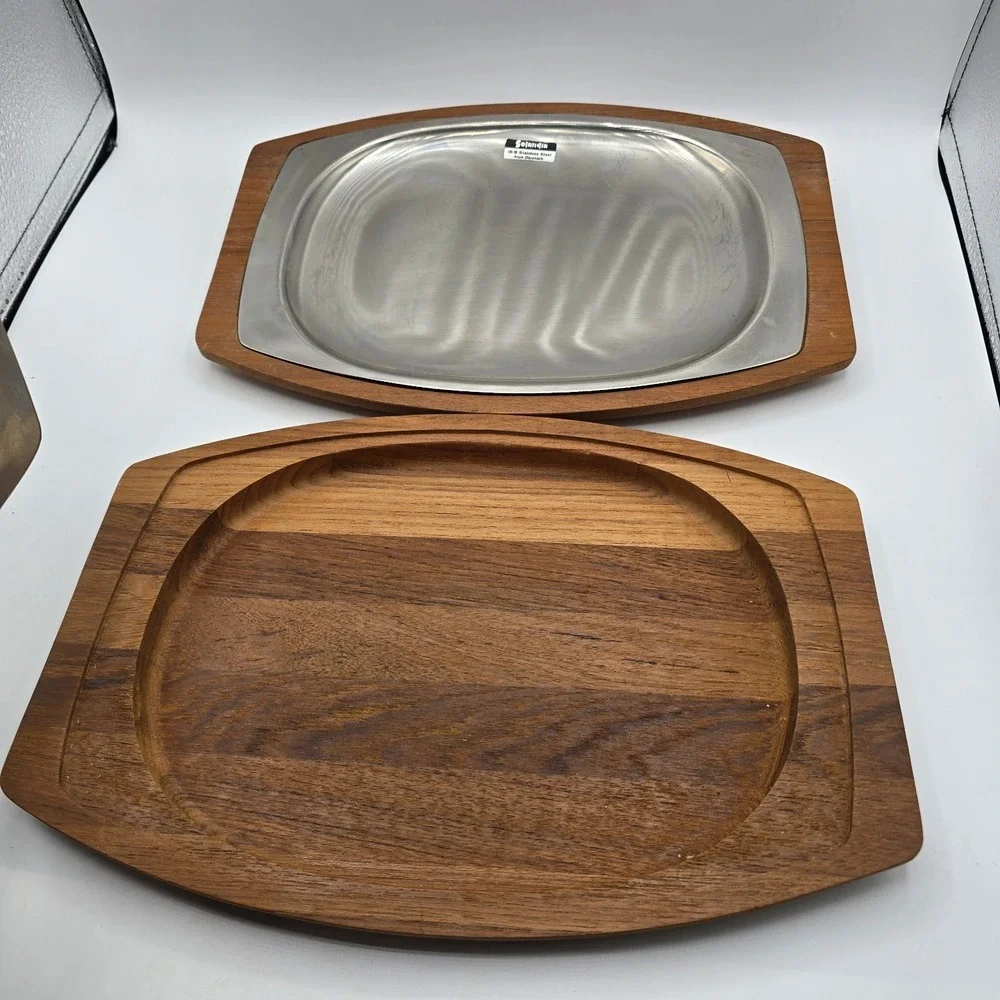 VTG Stainless Steel Steak Hot Plates Wooden Holders Serving Handle Denmark